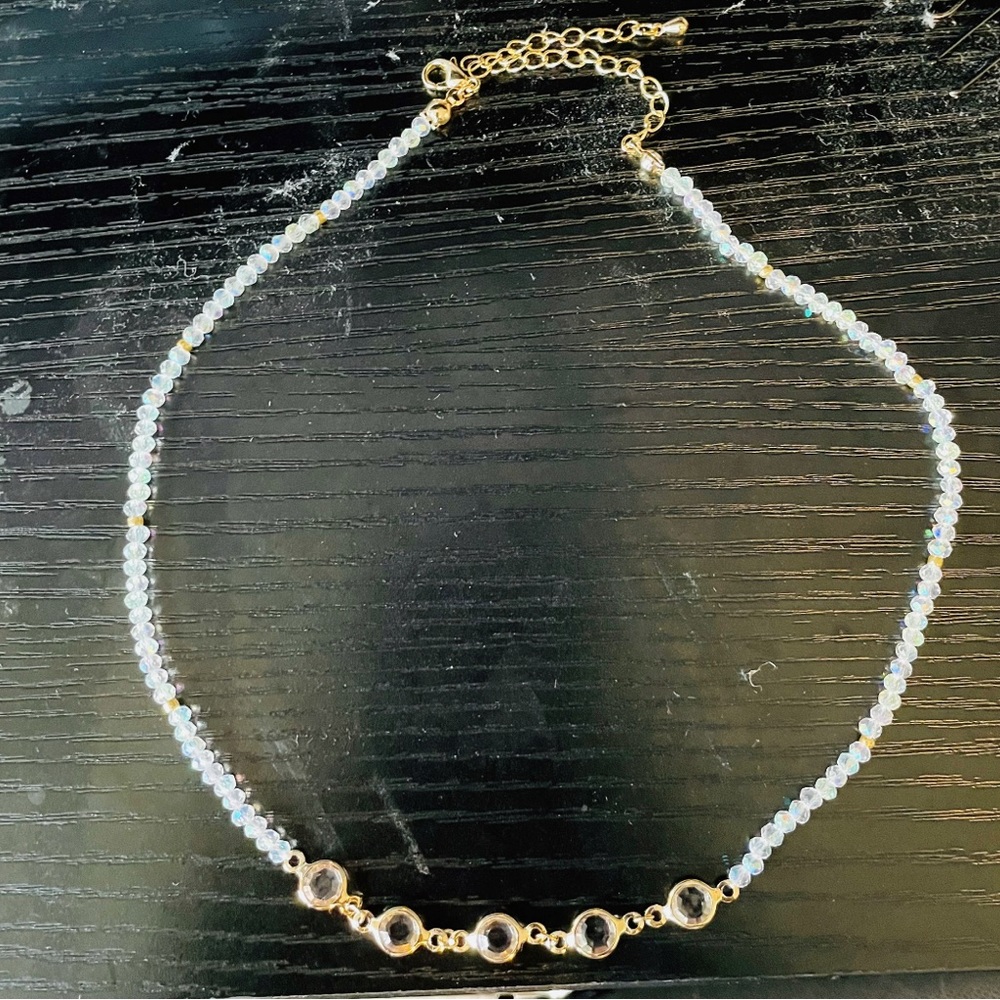 Handmade necklace with jems and clear gold sparkles